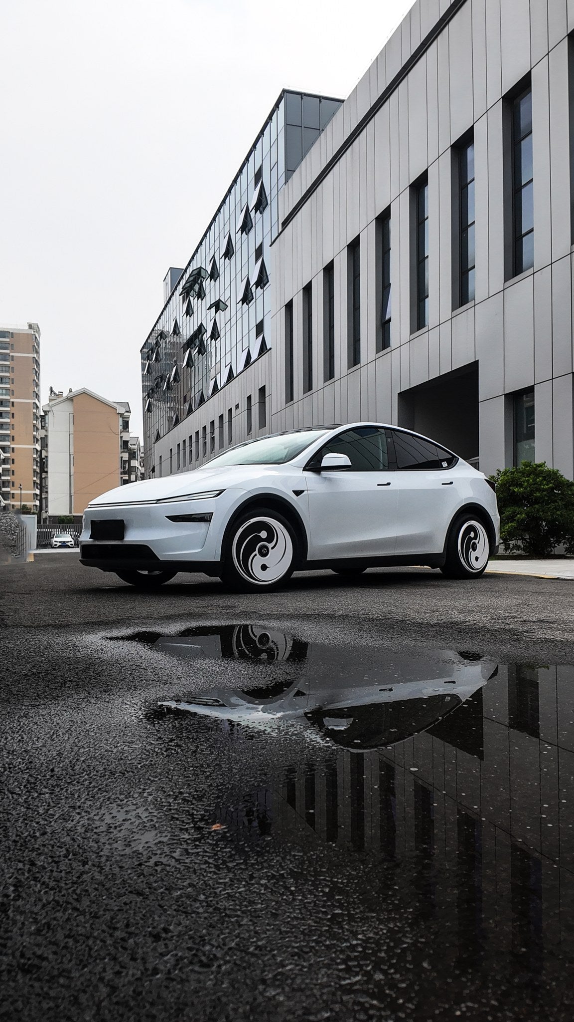 Tesla Model Y in white with Yin Yang aero wheel covers, side view