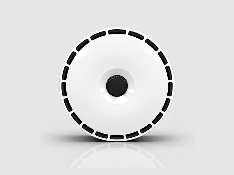 Custom aero wheel covers with a white base — your artwork printed on the face