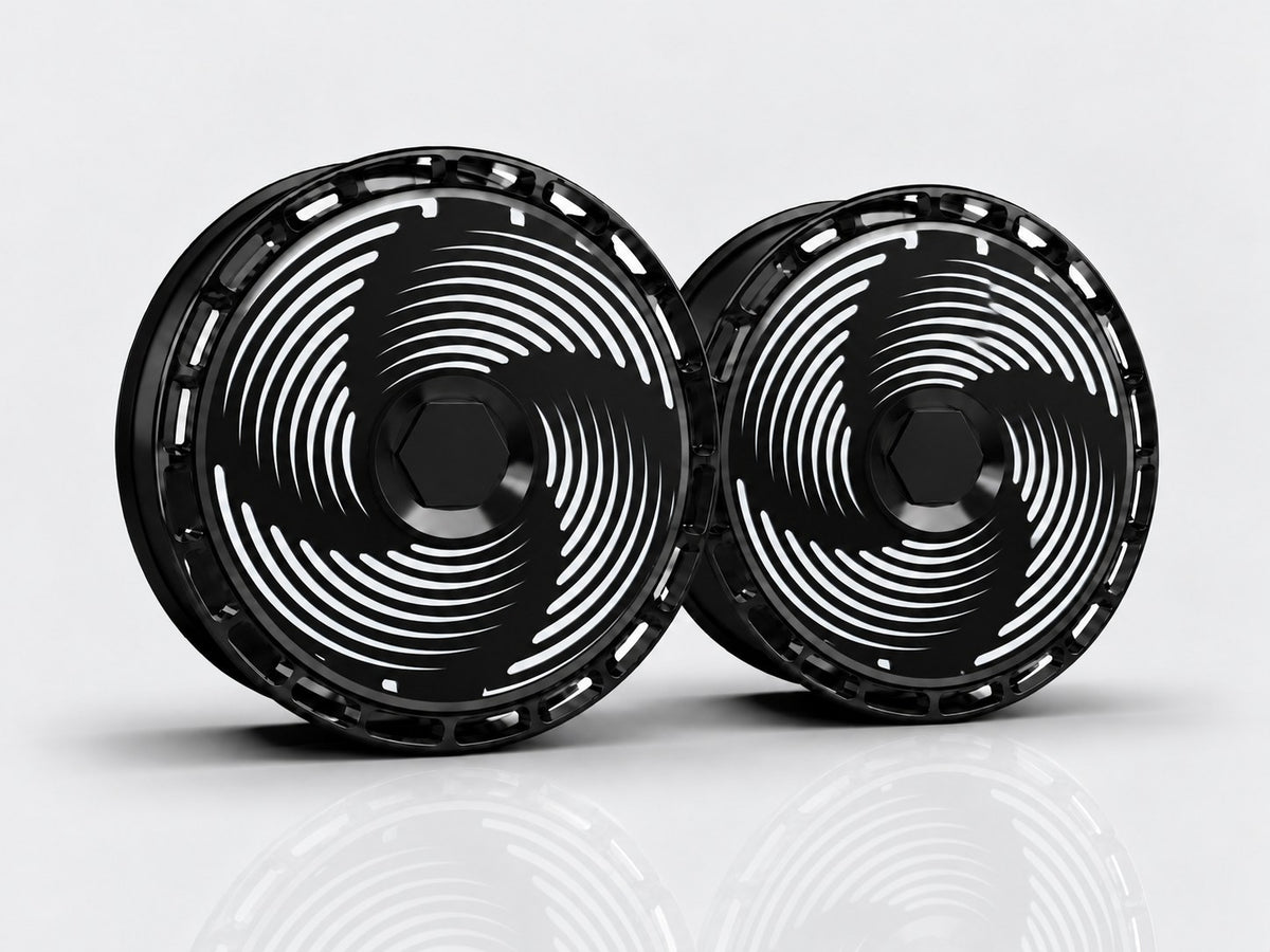 Futuristic Spiral aero wheel covers — studio render